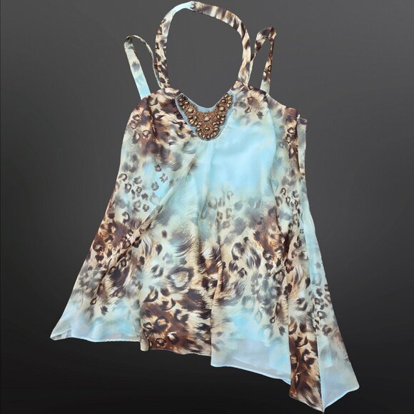 Y2K Sleeveless Beaded Asymmetric Top Size 20 2XL Leopard Seafoam Green Chiffon - Picture 2 of 12